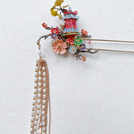 Colorful 3D Pagoda Ginkgo Tree Hairpin - Gold (Right)