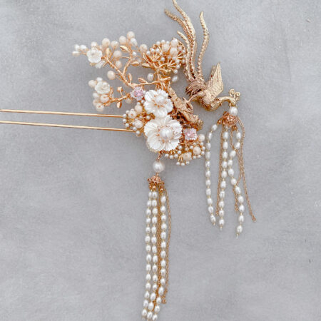 3D Phoenix Flower Hairpin - Gold, Pink Diamond