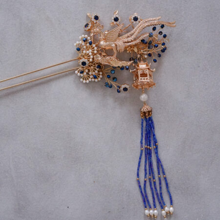 3D Phoenix Pagoda Hairpin - Gold, Sapphire