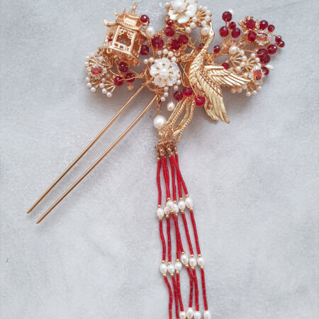 Flying Crane Garden Hairpin - Gold, Ruby