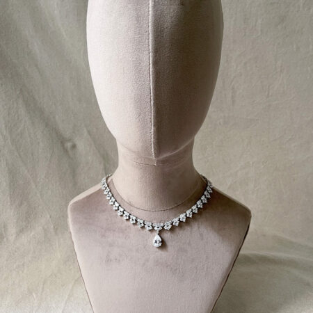 Round Arrangement with Pear Pendant Necklace - Rhodium White Gold
