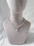 V Round Descending Choker with Double Bezel Pear Pendant Necklace - Rhodium White Gold