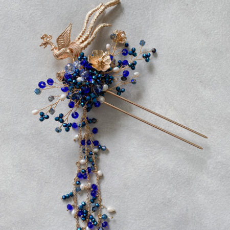 3D Phoenix Hairpin - Gold, Navy