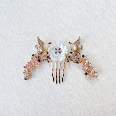 Flying Crane Bouquet Haircomb - Gold, Sapphire