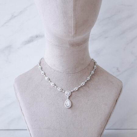 Dangling Round Pear Bezel Necklace - Rhodium White Gold