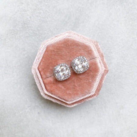 Classy Cushion Center Earrings - Rhodium White Gold, White Diamond (Clip)