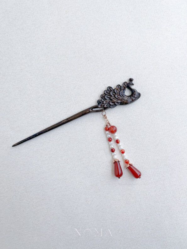 CHN-202000106-Carved-Peacock-Wooden-Hairpin-Gold-Red-1
