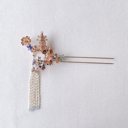 3D Pagoda Blossom Branch Hairpin - Gold, Sapphire (Right)
