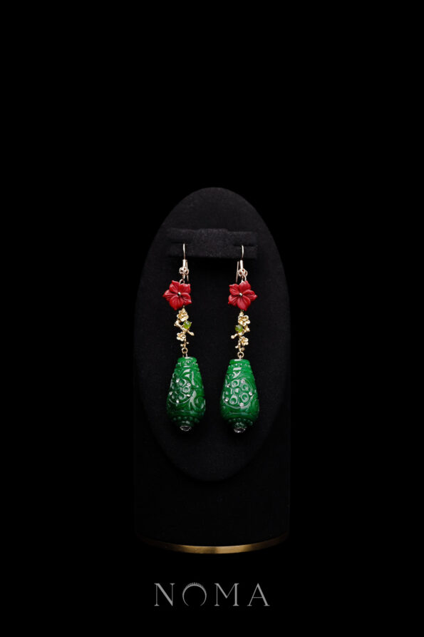 CHN-202200013 – Red Floral Teardrop Jade Earrings – Gold – Jade – – C1