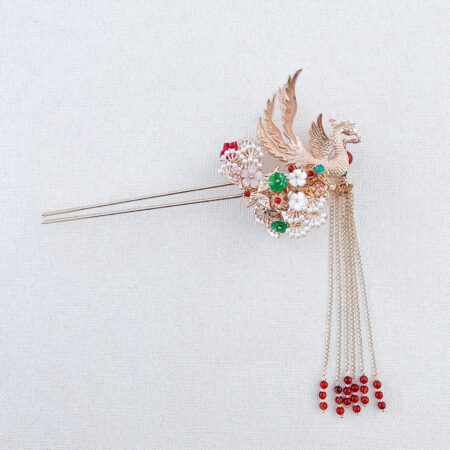 4D Phoenix Feather Pearl Tree Hairpin - Gold, Green (Left)