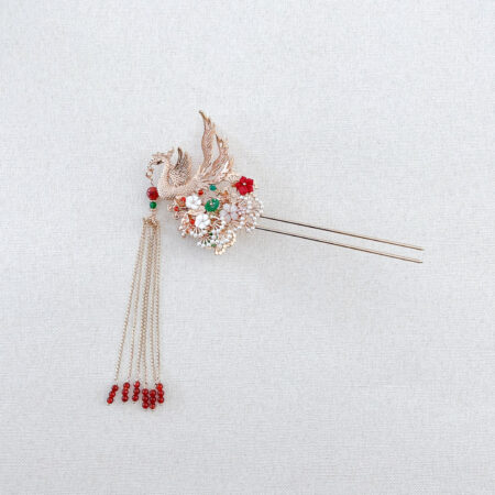 4D Phoenix Feather Pearl Tree Hairpin - Gold, Green (Right)