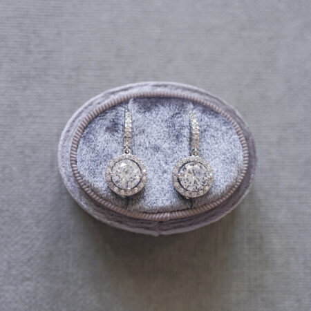 Drop Simple Round Halo Earrings - Rhodium White Gold