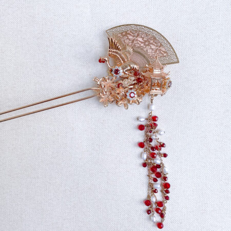 Flying Crane Bouquet Hairpin - Gold, Ruby (Left)