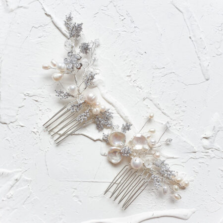 Extravagant Pearl Flower Side Haircomb Set - White Silver (2 pcs)