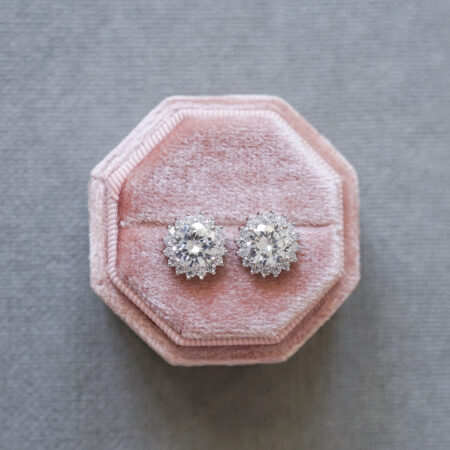 Round Halo Stud Earrings - Rhodium White Gold