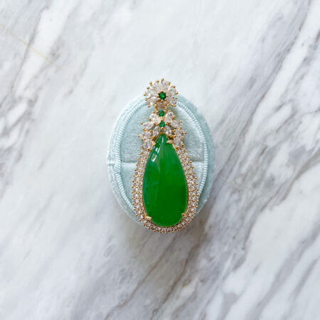 Superior Teardrop Jade Double Halo Pendant - 18k Yellow Gold, Jade
