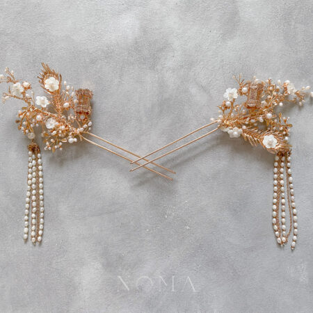 Peacock Feather Pagoda Hairpin - Gold (Left)