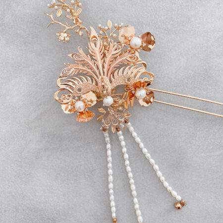 3D Peacock Flower Garden Hairpin - Gold (Right)