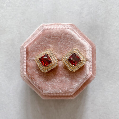Double Bezel Square Earrings - 18k Yellow Gold, Ruby