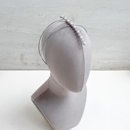 Pearl Halo Round Paved Partition Headband - Rhodium White Gold, White Pearl