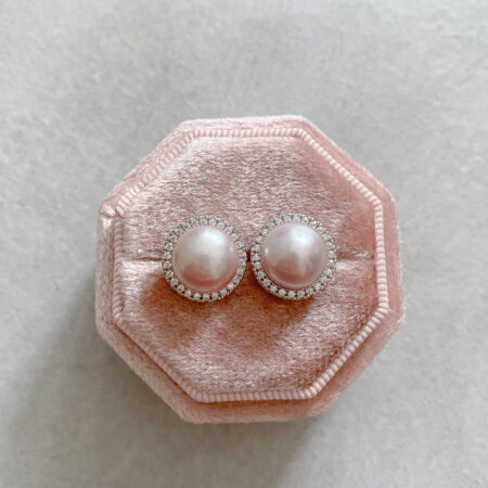 Pearl Bezel Earrings 10 mm - Rhodium White Gold, Purple Pearl