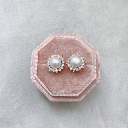Pearl Halo Earrings 8 mm - 18k Rose Gold, White Pearl