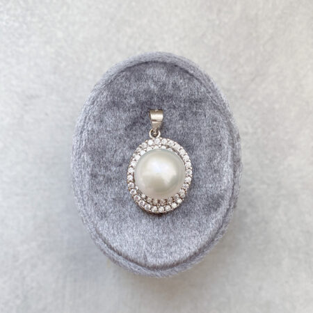 Twist Halo Pearl 12 mm Pendant - Rhodium White Gold, White Pearl