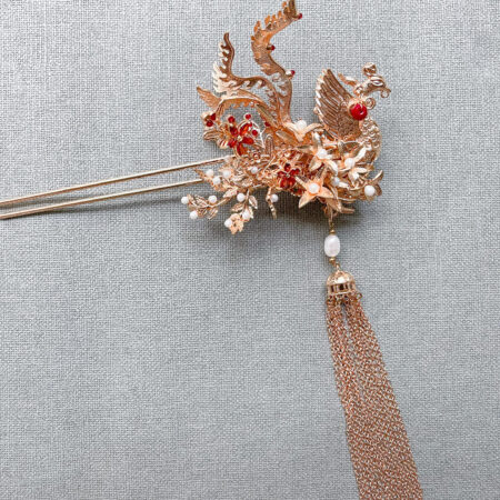 4D Phoenix Orchid Hairpin - Gold, Ruby (Left)