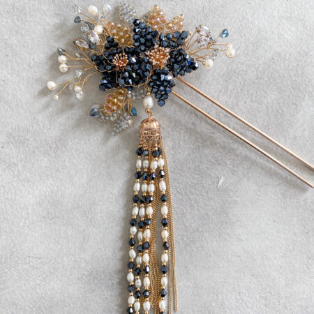 Navy Beaded Flower Hairpin - Gold