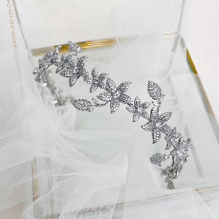 Paved Flower Leaves Headband - Rhodium White Gold