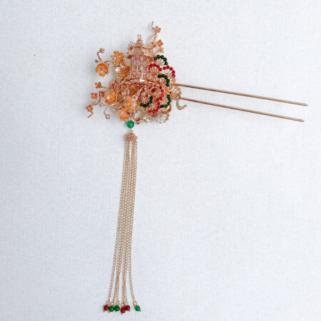 Beautiful Pagoda Blossom Hairpin - Gold, Red (Right)