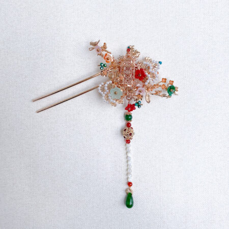 Jade Pagoda Flower Branch Hairpin - Gold, Jade (Left)
