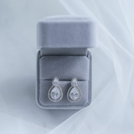 Double Pear Bezel Earrings - Rhodium White Gold, White Diamond