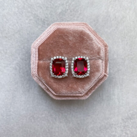 Vintage Elongated Cushion Earrings - Rhodium White Gold, Pink Ruby