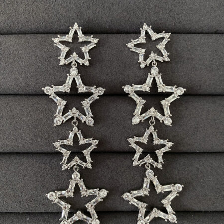 Long Twinkling Star Earrings - Rhodium White Gold
