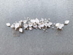 Clay Flower Blossom Leaves Long Haircomb - White Silver