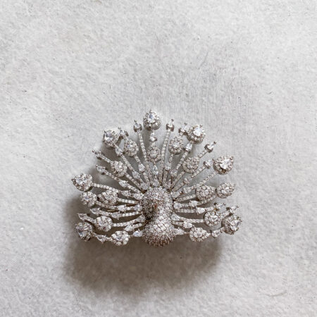 3D Peacock Brooch - Rhodium White Gold, White Diamond
