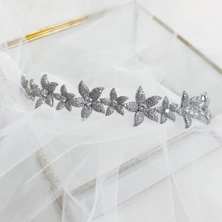 Paved Flower Mix Headband - Rhodium White Gold