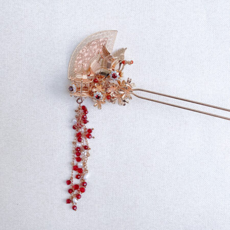 Flying Crane Bouquet Hairpin - Gold, Ruby (Right)