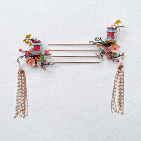 Colorful 3D Pagoda Ginkgo Tree Hairpin - Gold (Left)