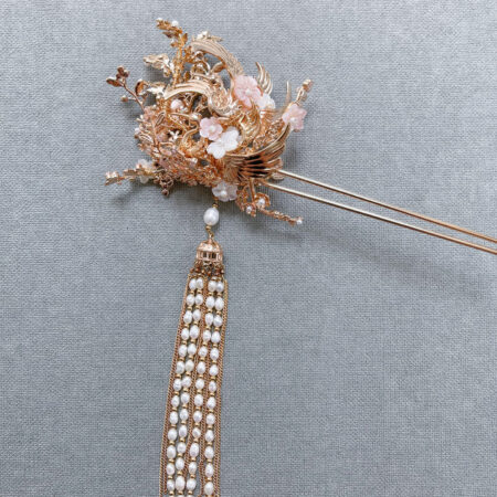 Twin Crane Blossom Hairpin - Gold, Pink (Right)