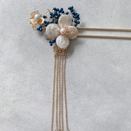Floral Pearl Hairpin - Gold, Navy (Right)