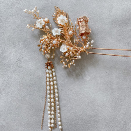 Peacock Feather Pagoda Hairpin - Gold (Right)