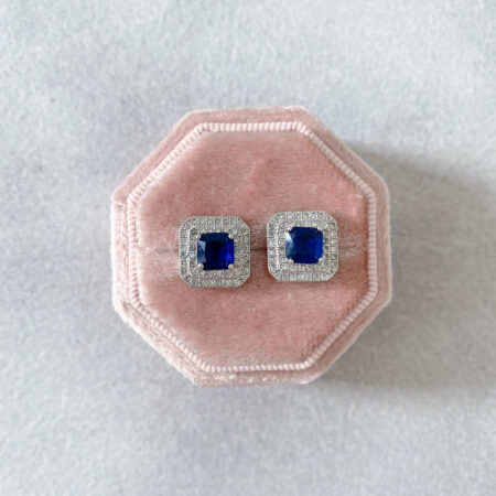 Double Bezel Square Earrings - Rhodium White Gold, Sapphire