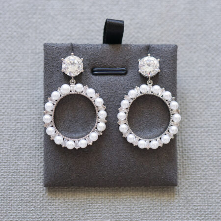 Circular Pearl Earrings - Rhodium White Gold, White Pearl