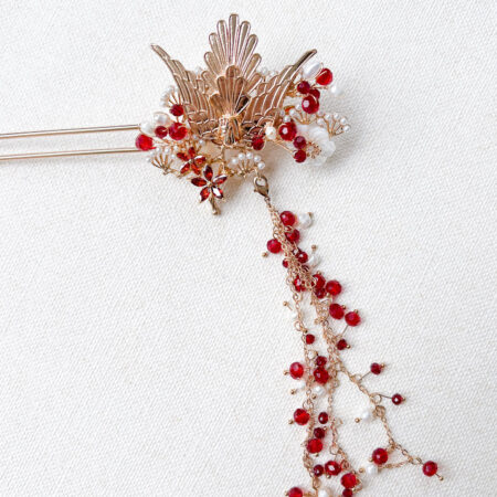 Phoenix Ruby Flowers Hairpin - Gold (Left)