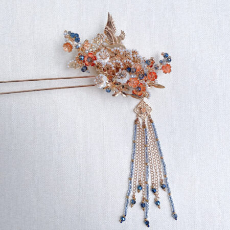 Flying Crane Pearl Blossom Hairpin - Gold, Blue (Left)