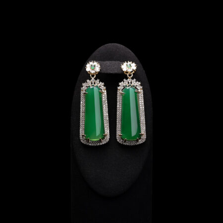 Superior Bar Jade Double Halo Simple Earrings - 18k Yellow Gold, Jade