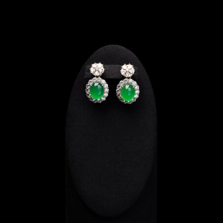 Superior Oval Jade Halo Small Floral Earrings - 18k Yellow Gold, Jade
