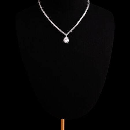 V Round 0.1 ct Tennis Choker with Double Bezel Pear Pendant Necklace - Rhodium White Gold